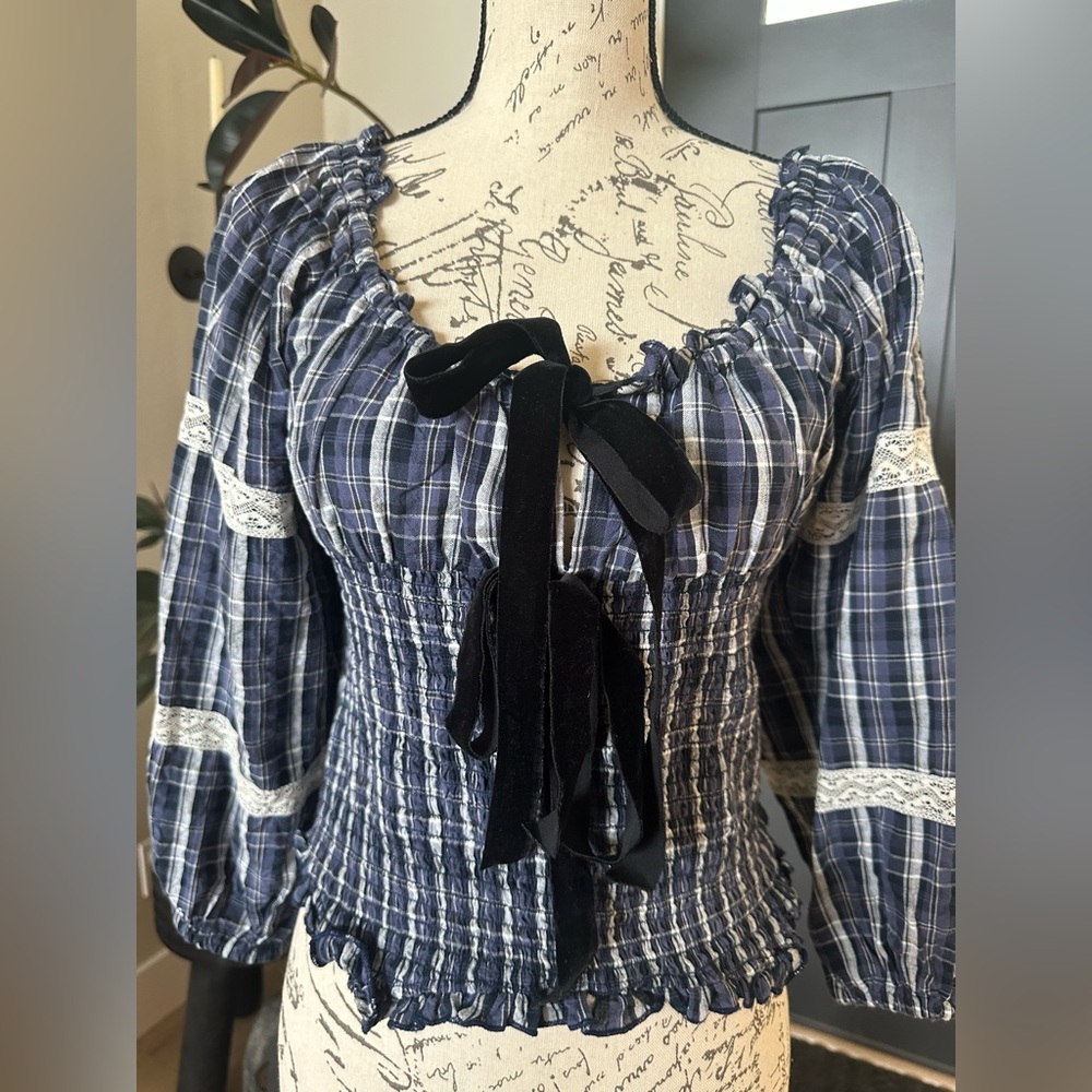 Urban Outfitters Navy Plaid Smocked Blouse
